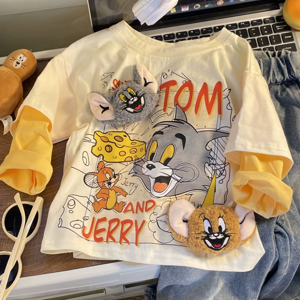 Футболка с длинным рукавом для мальчиков, хлопок, 3D Tom & Jerry, демисезон, бежевый