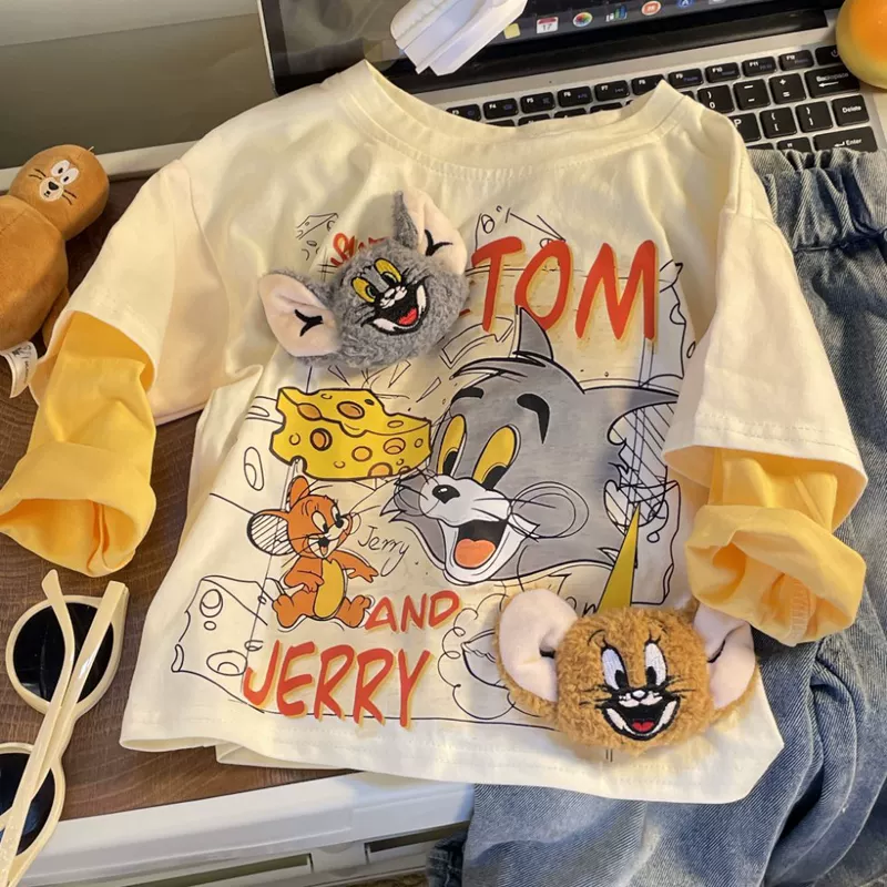 Футболка с длинным рукавом для мальчиков, хлопок, 3D Tom & Jerry, демисезон, бежевый