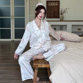 春秋季女士长袖翻领睡衣女家居服套装花边印花可爱冰丝长裤开衫款