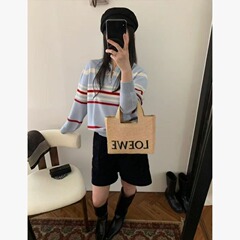 韩系新款慵懒风针织衫上衣早秋穿搭蓝色条纹翻领半拉链毛衣外套女