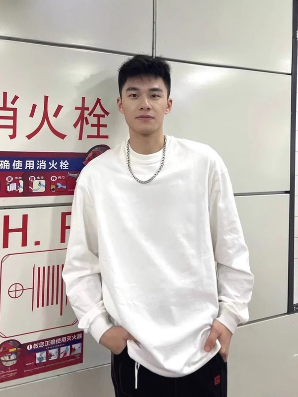 300G Heavyweight Cotton Cuff Round Neck Long Sleeve T Shirt Men Basic White Layering Undershirt