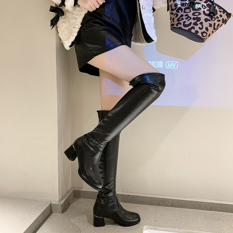 Botas Martin de mujer con tacón grueso y punta puntiaguda, de tubo largo elástico, moda otoño e invierno 2023, sobre la rodilla._voghion.com