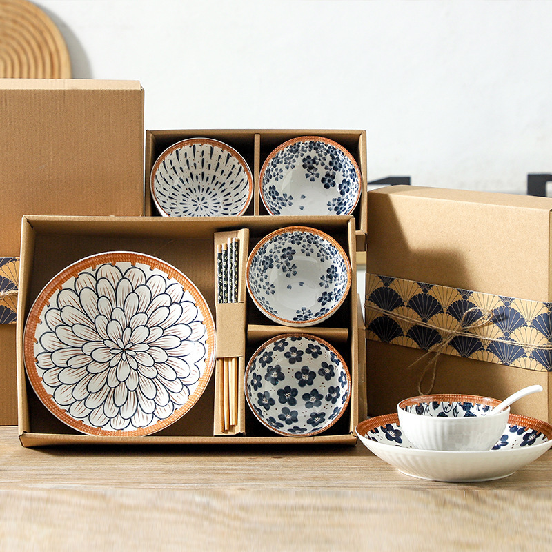Japanese-Style Ceramic Bowls, Plates, and Dishes in Leather Box Tableware Set Promotional Gifts Business Return Gifts Opening Promotion Gifts Light Luxury
