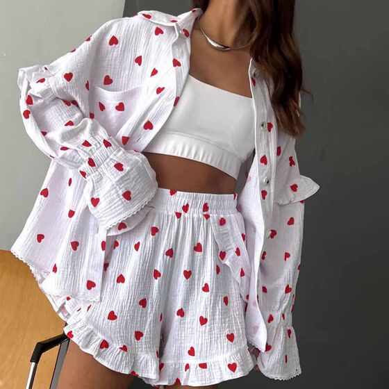 Amazon Cross-border European and American Autumn and Winter New Comfortable Loose Ruffled Long Sleeve Shorts Pajamas Home Clothes suit