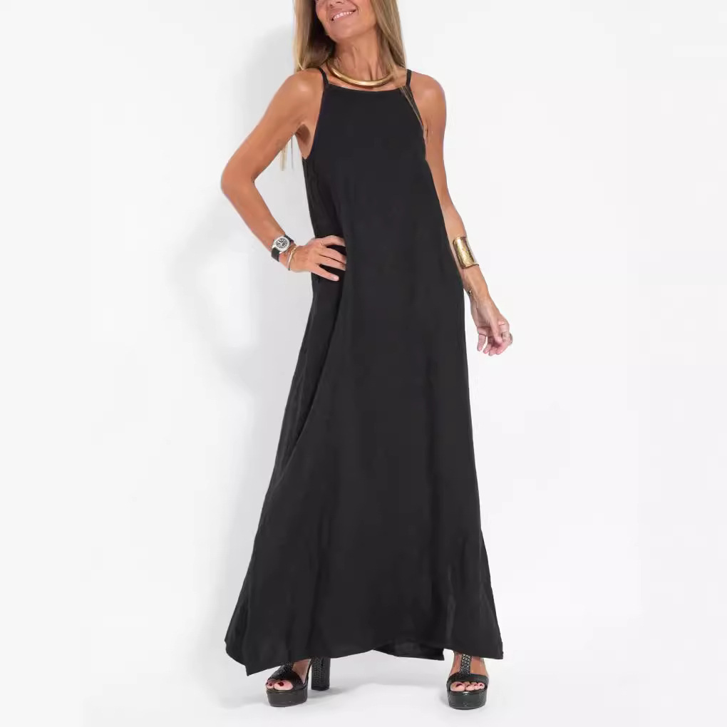 Women's Clothing Fashion Casual Cotton Linen Slit Suspender Dress_ecoleips.com