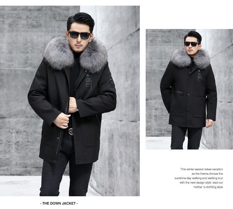 Men's Real Fox Fur Lined Jacket Real Raccoon Fur Collar Coat Warm