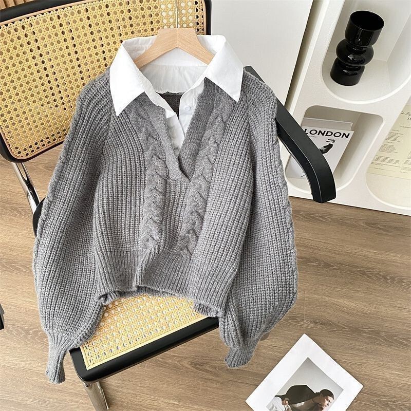 Autumn and Winter Korean Style Fake Two-Piece Shirt Collar Cable Knit Sweater for Women, Loose and Lazy Style Inner Knitwear, Trendy Women's Top