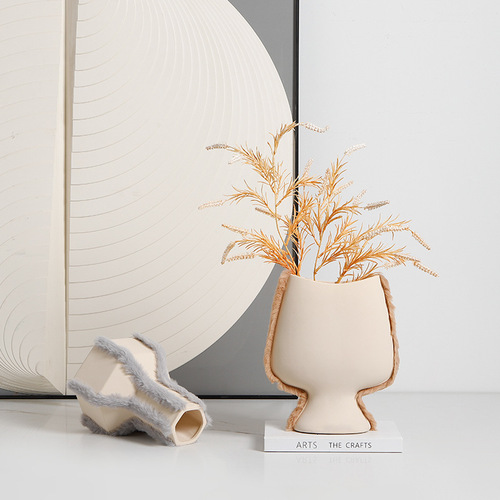 Nordic Minimalist Geometric Flocked Ceramic Vase Sample Room Living Room Sideboard Creative Home Decor Unique Accent