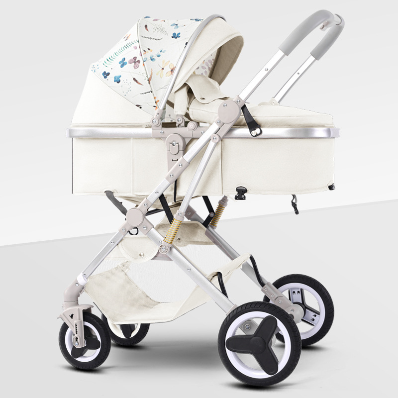 Coche de bebé se puede sentar y acostar en dos direcciones, 0 - 3 años de edad, ligero y plegable con un botón para bebés recién nacidos, cuatro ruedas antichoque