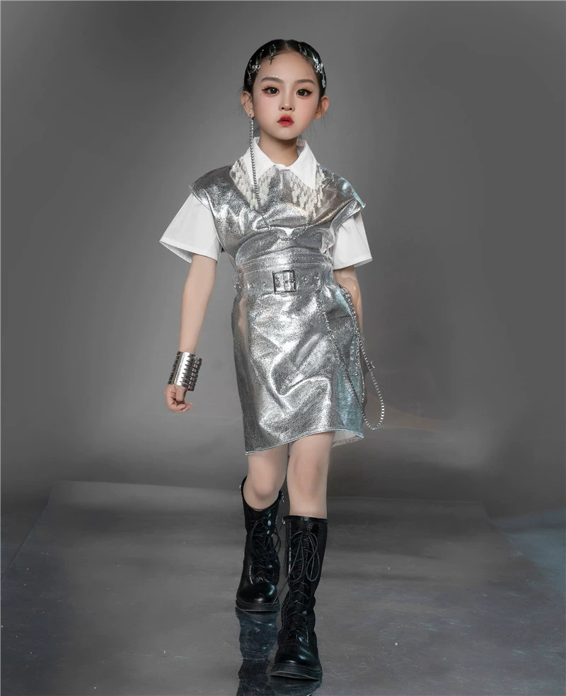 Девочки набор серебра Tide Sweet Sweet Cool Light Luxury Rock Future Technology Theme Waves Model Card Clothing