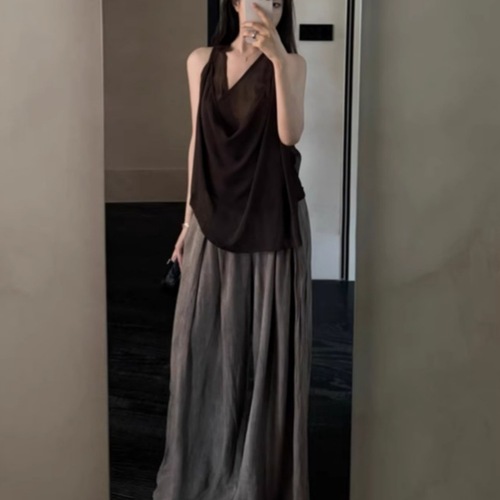 Pure Desire Style Set French Swing Collar V-Neck Top for Women Summer Fashion New Retro Casual Wide Leg Pants Two-Piece Set