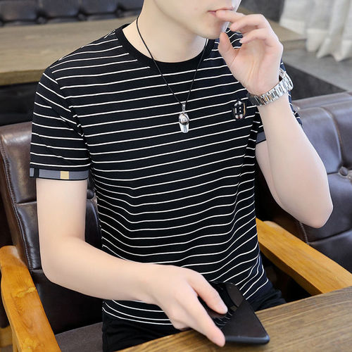 Men's New 2024 Summer Striped T-Shirt Short Sleeve Trendy Ice Silk Half Sleeve Streetwear Large Men's Clothing Thin T-Shirt