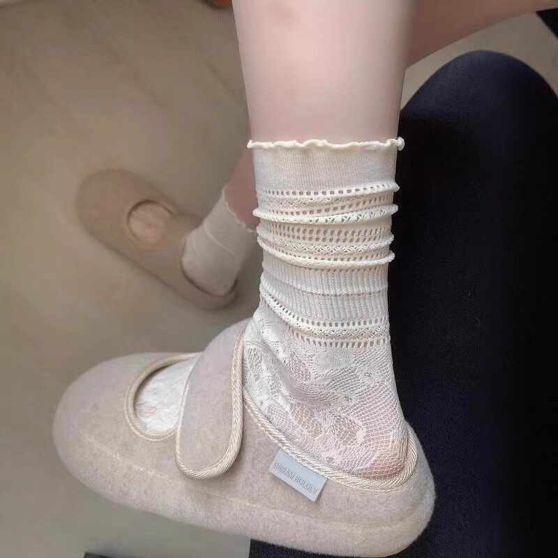 Women's Layered Socks, Spring and Summer Thin Lace Trim Mid-Calf Socks, Ballet Style, Black Ice Silk Socks, Lightweight and Breathable Women's Layered Socks, Spring and Summer Thin Lace Trim Mid-Calf Socks, Ballet Style, Black Ice Silk Socks, Lightweight and Breathable