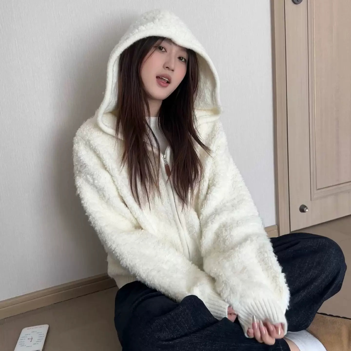 【卷卷毛衣】韩系慵懒风拉链连帽毛衣宽松百搭显瘦保暖秋冬外套