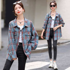 秋新款慵懒风泼墨洗水牛仔格子衬衫女百搭休闲外穿衬衣潮