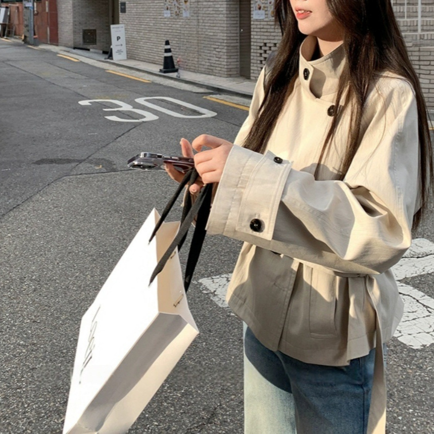 Takeaway Arrived [7/5 Seoul Holiday] Early Autumn Korean Style Windbreaker Jacket for Women with Short British Style Stand Collar Waist