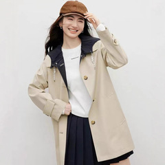 袖家撞色连帽风衣2025秋季新款女装抽绳学院风气质百搭显瘦外套