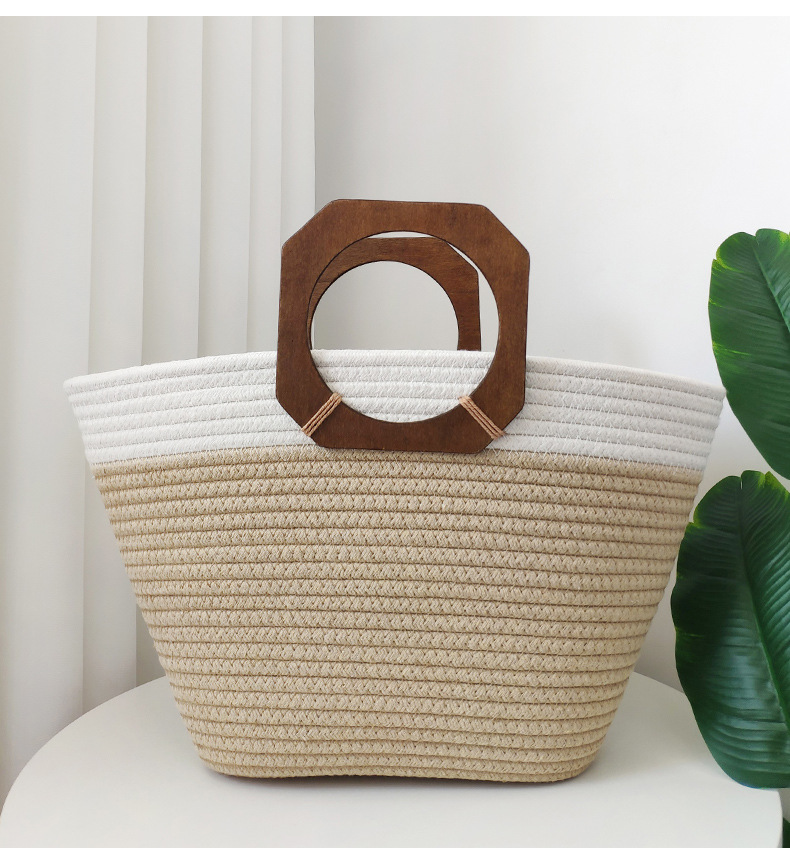 Women's Gender Vacation, Beach Style Bucket Shape Large Size Women's Large Cotton Color Block Vacation Beach Weave Bucket Open Beach Bag