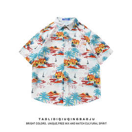 夏威夷度假风满印短袖衬衫男女2024新款潮牌宽松情侣百搭海边衬衣