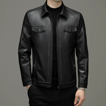 Demi-season thin warm jacket, genuine leather