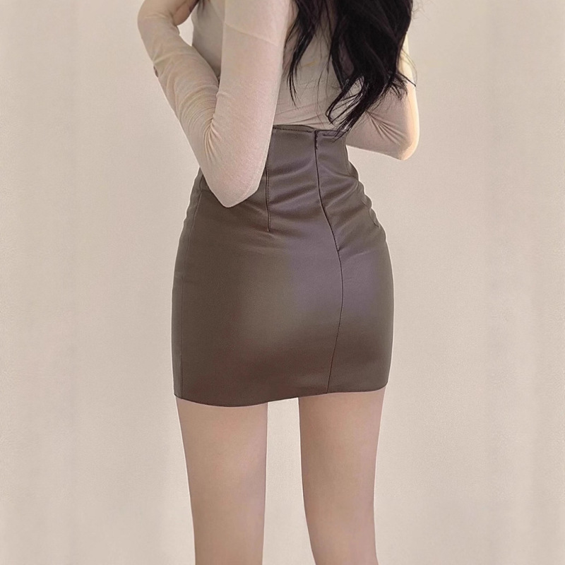 Brown Leather Skirt, High-Waisted, Tight-Fitting, Sexy Hip-Hugging Skirt, Slit Elastic Wrap Skirt, Slit Skirt, Super Popular Leather Skirt