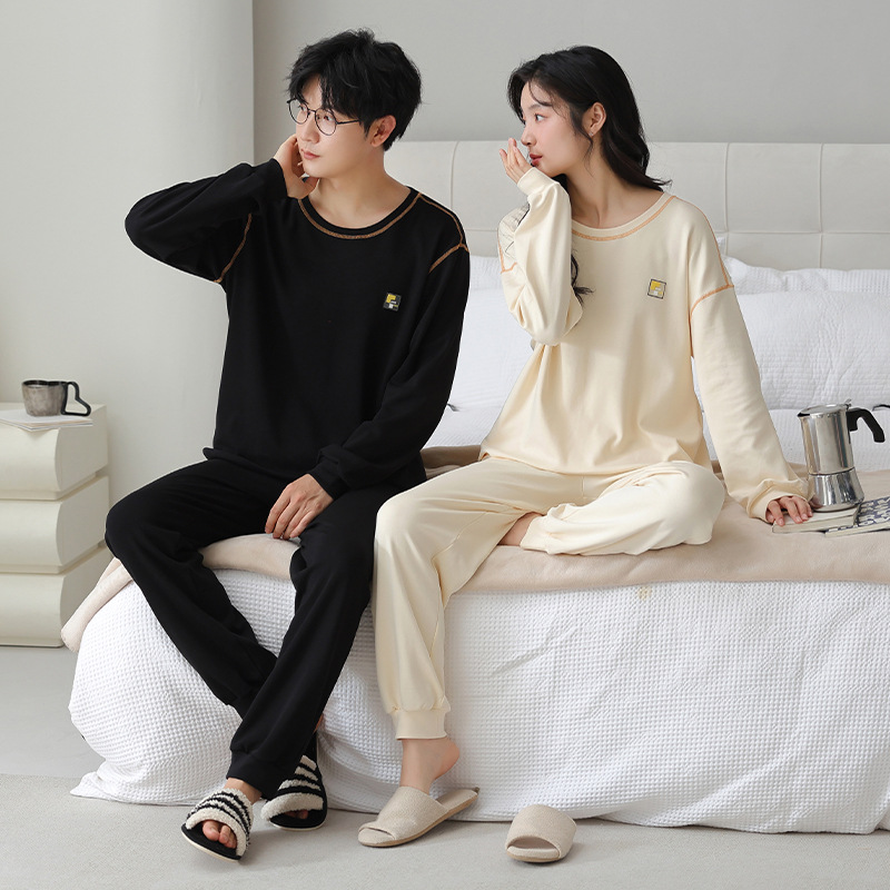 純綿パジャマ カップル用 ラウンドネック プルオーバー レディース 綿100% 秋冬 メンズ 長袖 ホームウェアセット 外出可 カジュアル