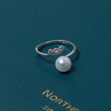 夏季925银波浪款淡水珍珠戒指 女式日韩风开口可调节珍珠食指戒