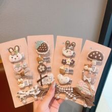 咖色布艺卡通儿童发夹格纹蝴蝶结珍珠全包布夹子宝宝不伤发刘海夹