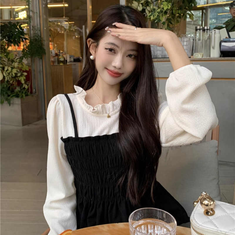 Faux Two-Piece Ruffled High-End Long-Sleeve Shirt with Contrasting Colors and Fashionable Design for Spring and Summer