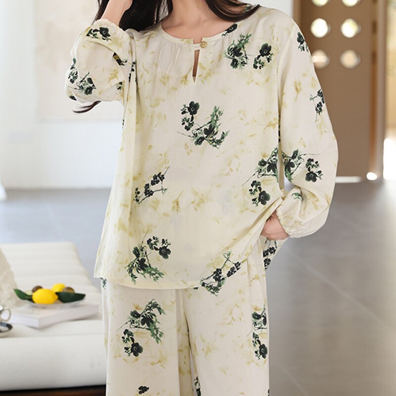 Cotton Silk Pajamas for Women, Spring and Autumn Long-Sleeved Loose Cardigans, Women's Home Clothes That Can Be Worn Outside, Postpartum Clothes, Chinese Style Home Clothes Cotton Silk Pajamas for Women, Spring and Autumn Long-Sleeved Loose Cardigans, Women's Home Clothes That Can Be Worn Outside, Postpartum Clothes, Chinese Style Home Clothes
