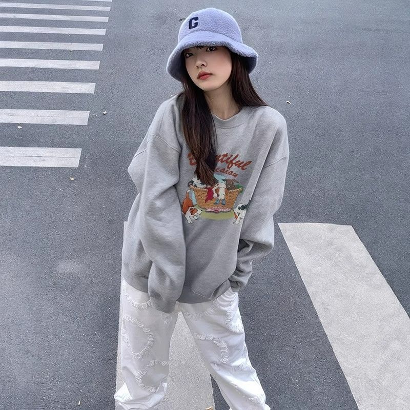 卫衣女春秋季圆领白色秋冬加绒加厚2025新款爆款宽松美式长袖上衣|undefined