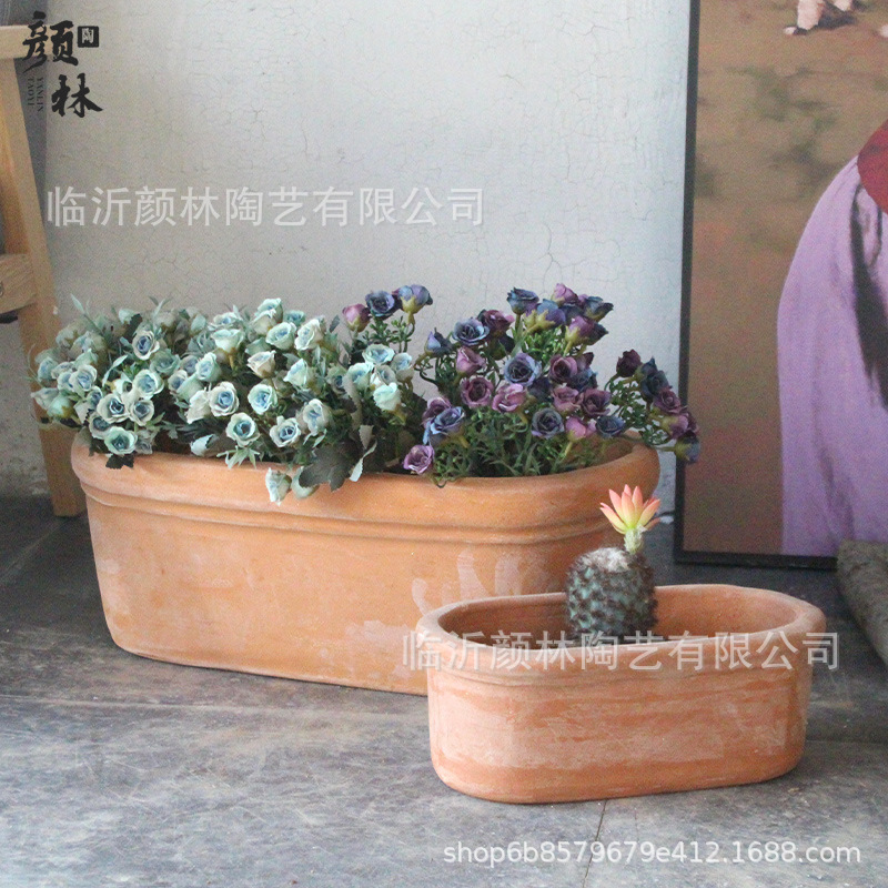 Small Long Flower Pot Red Pottery Pot Stoneware Long Square Platter Multi-meat Pot Vegetable Flower Groove Small Flower Box Ceramic Earth Pottery