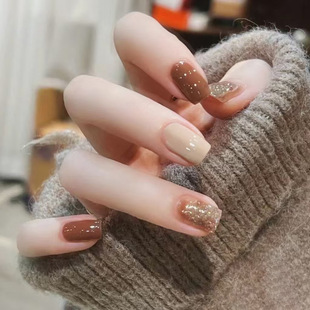 brown Sizzy Fine Flash Short European Square Nail Elegant Fashion Girl Gentle Removable Nail Pieces 24 Pieces