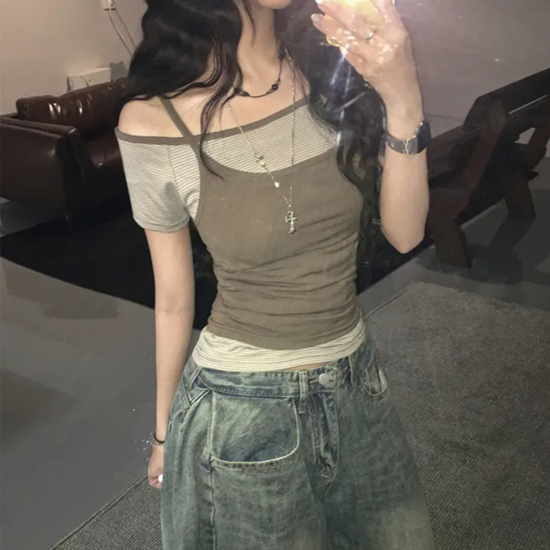 纯欲辣妹风撞色修身休闲两件套上衣跨境夏季圆领T恤叠穿小吊带女|undefined