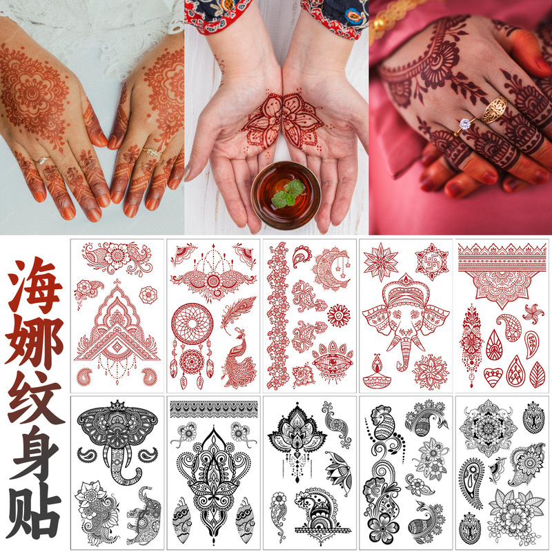 Cross-Border Suit Black and White Red Lace Henna Tattoo Sticker Water Transfer Henna Simulation Arm Sticker
