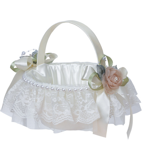 Western-style wedding flower basket pearl bow flower decoration lace small flower basket wedding hand-held flower basket with flowers
