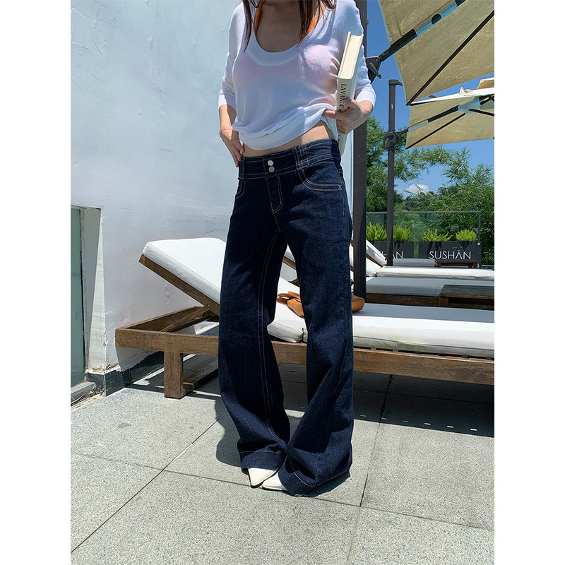 Yuyi's niche double-button high-waisted dark blue floor-length jeans for women, slimming and versatile, vintage straight-leg pants CXY8892