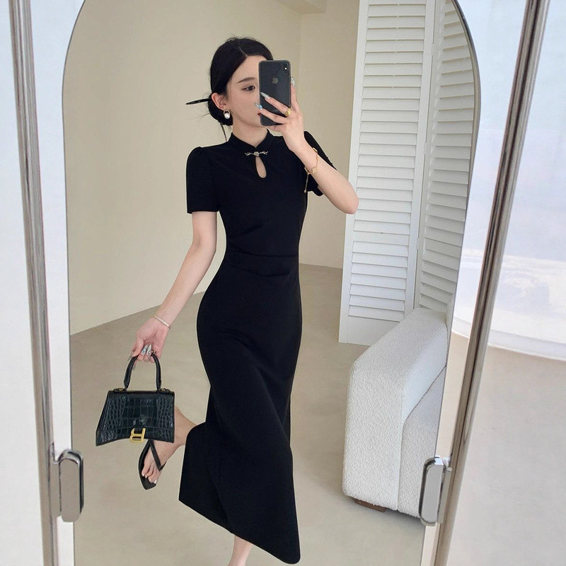 2025 New Style Petite Improved Cheongsam Black Dress Summer New Chinese Style Women's Fitted Long Dress