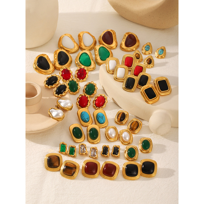 Cross-Border Vintage Jewelry Natural Stone Stainless Steel Earrings Light Luxury High-End Autumn and Winter Earrings Maillard Titanium Steel Ear Studs