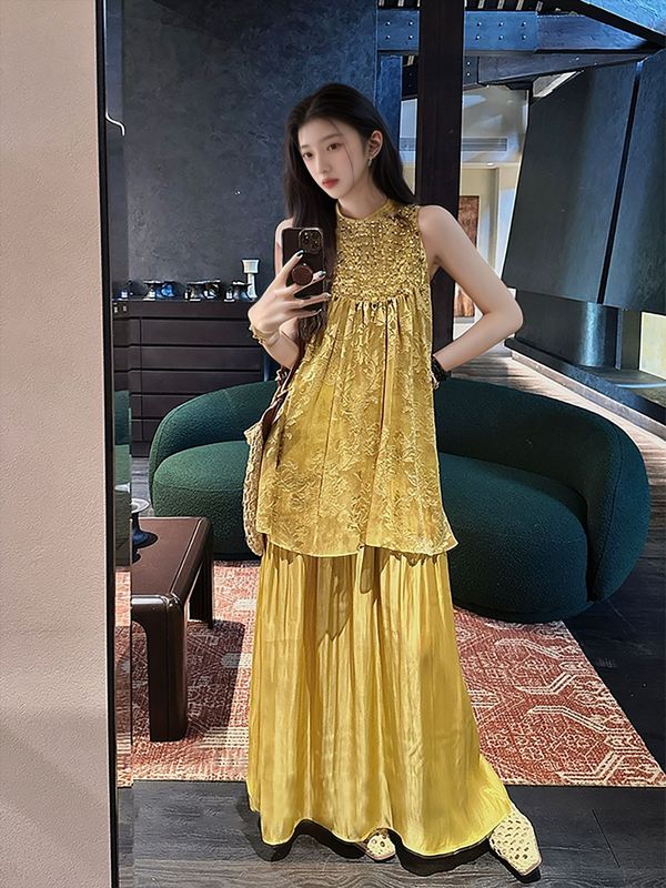 夏の中国風 2025 新しいスパンコールレーヨンドレス婦人服新中国風のハイエンドステッチ妖精スカート N6041|undefined