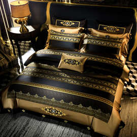 轻奢床上用品四件套 高档别墅婚庆四六八十件套刺绣样板房 金色