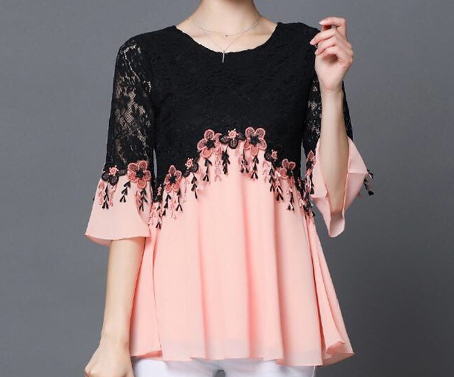 2022春夏装新款韩版大码女装显瘦蕾丝衫胖mm喇叭袖上衣小衫女|ru