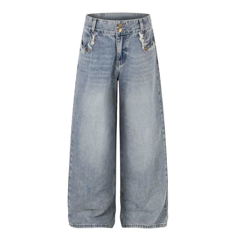 American-Style Distressed Raw Edge Pocket Design Jeans for Women, Summer Mid-Waist Loose Slimming Wide-Leg Pants, Direct from Manufacturer