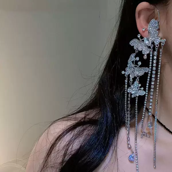 Sweet Super Flash Rhinestone Butterfly Tassel Long Ear-free Ear Hanging Elegant Lady Elegant Lady Elegant Light Luxury Earrings for Women