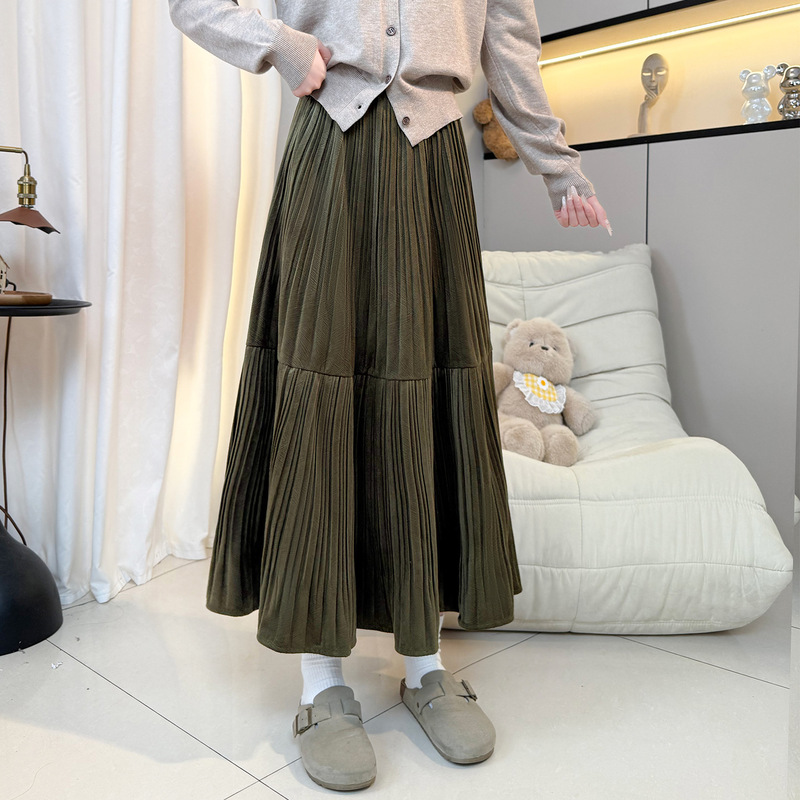 Pleated Skirt in Pickle Color, Women's Spring Mid-Length A-Line Skirt, 2026 New High-Waisted Long Skirt, Umbrella Skirt Pleated Skirt in Pickle Color, Women's Spring Mid-Length A-Line Skirt, 2026 New High-Waisted Long Skirt, Umbrella Skirt