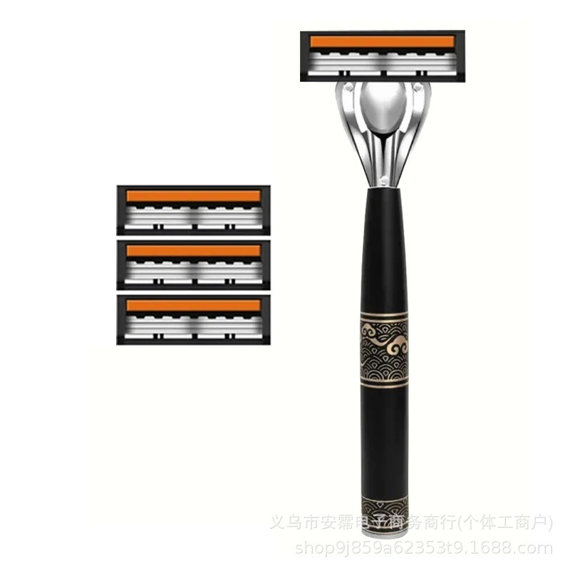跨境爆款祥云国风3层不锈钢剃须刀套装耐用不锈钢刀柄刀架|undefined