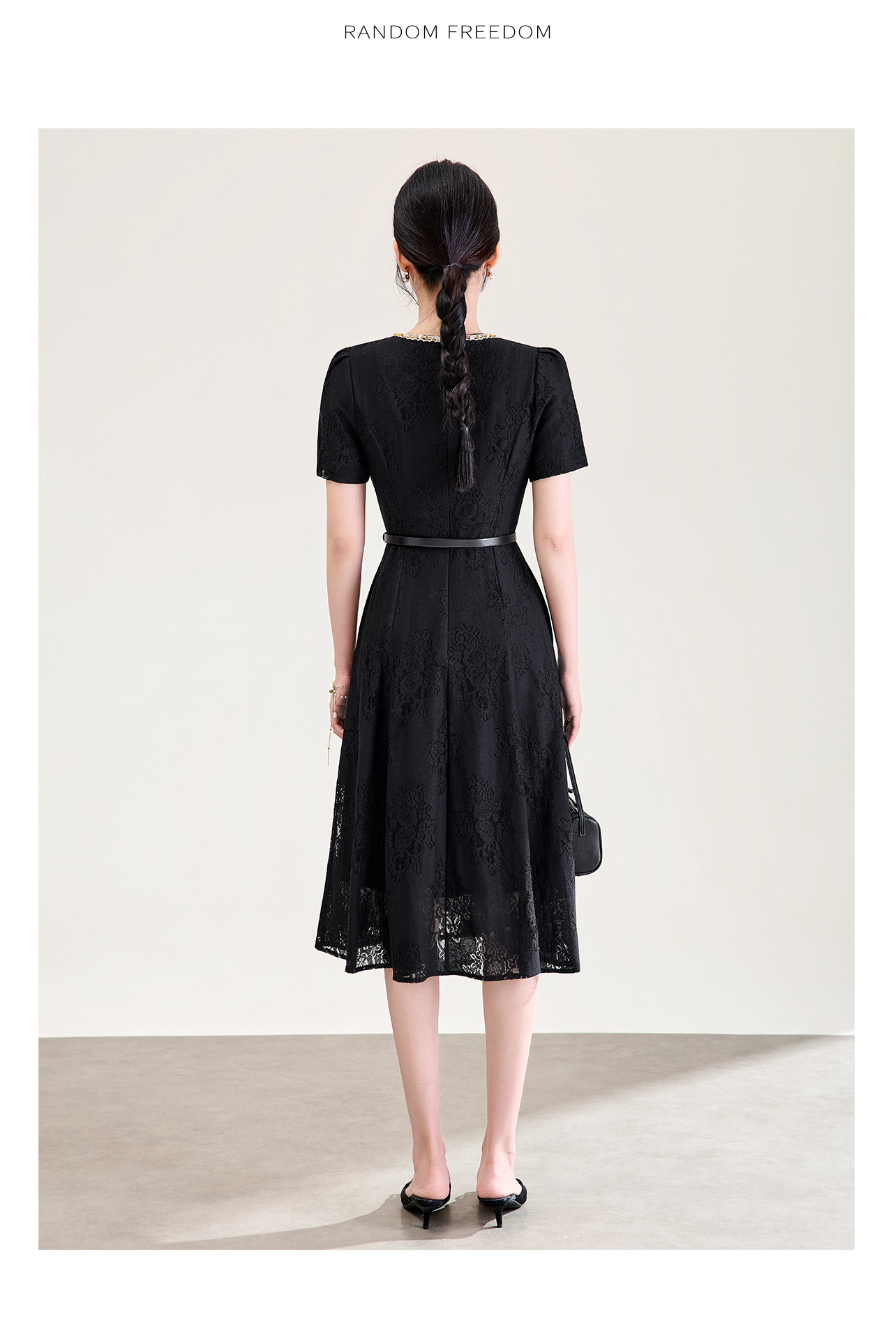 Đầm suông nữ midi thắt eo ren đính đá jacquard chữ A — màu đen chi tiết 15