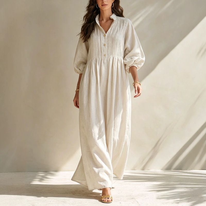 Ready Stock Linen Long-Sleeved Dress for Women, Loose Long Shirt Dress, Casual Resort Style, Cotton and Linen Material, Solid Color Long Dress
