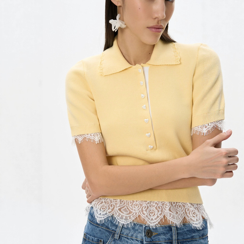 European and American 2026 Wholesale Women's Fashion Versatile Stylish Casual Short-Sleeve Polo Collar Lace Trim Color-Block Knit Top European and American 2026 Wholesale Women's Fashion Versatile Stylish Casual Short-Sleeve Polo Collar Lace Trim Color-Block Knit Top