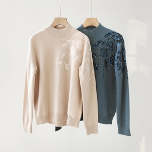 跨境高端sweater秋季女装套头毛衣花朵刺绣珠片BC羊绒衫女高级感-阿里巴巴
